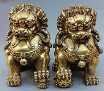 

---524+++15" Chinese Guardion Phylacter Bronze Foo Fu Dog Door Lion Ball Kid Pair Statue