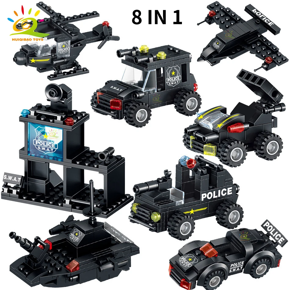 Tanie 820 sztuk SWAT zespół policji klocki legoing City polecenia do ciężarówek samochód helikopter Mech broń żołnierz modelu zabawki cegły dla dzieci