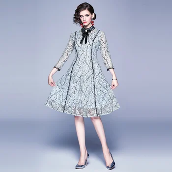 

England Style Ladies Elegant Party Dresses New Autumn Fashion Stand Collar Knee-length Luxury Lace Women A-line Dress S096