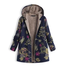 Теплое хлопковое Женское пальто с цветочным принтом, флисовое пальто с капюшоном Mujer, пальто с длинным рукавом на молнии, повседневные пальто больших размеров, женские зимние пальто