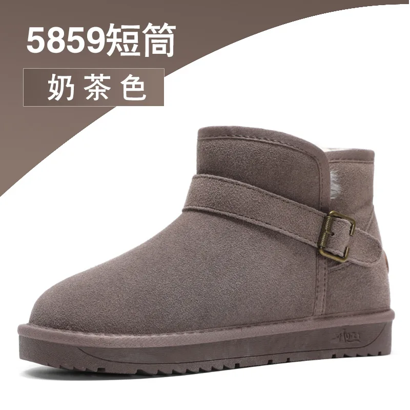 Leather snow boots female winter thick non-slip warm breathable couple short tube cotton shoes - Цвет: 5859