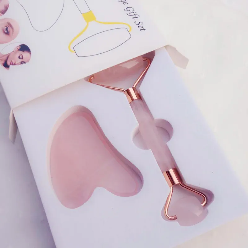 Imagen de Face Lifting Tool Massager Rose Quartz Roller Slimming Natural Jade Facial Massage Roller Stone Skin Massage Beauty Care Set Box