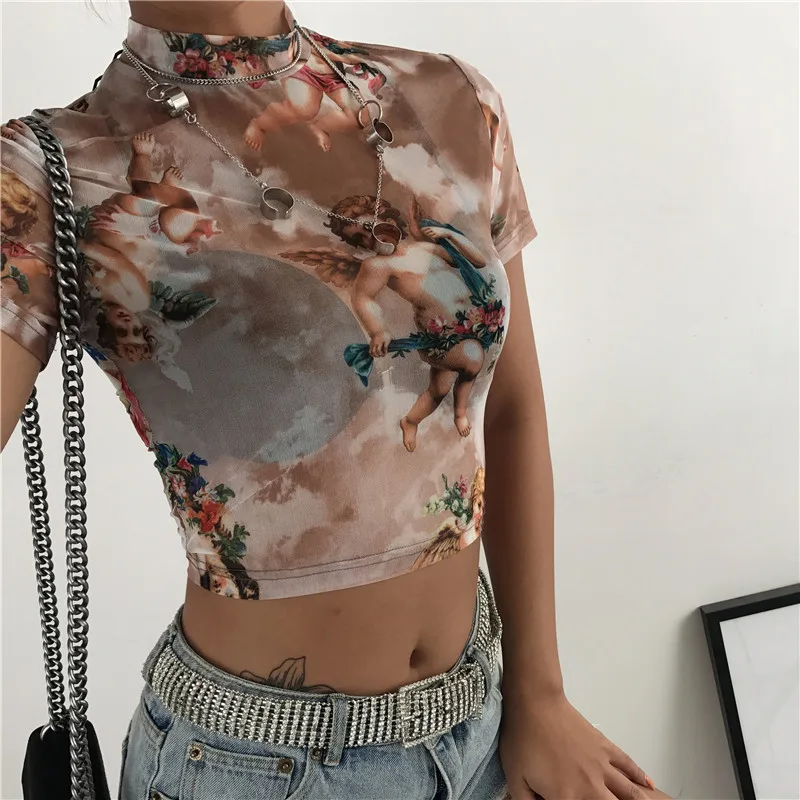 Angel Print Mesh Sexy T Shirt Crop Top High Neck Short Sleeve