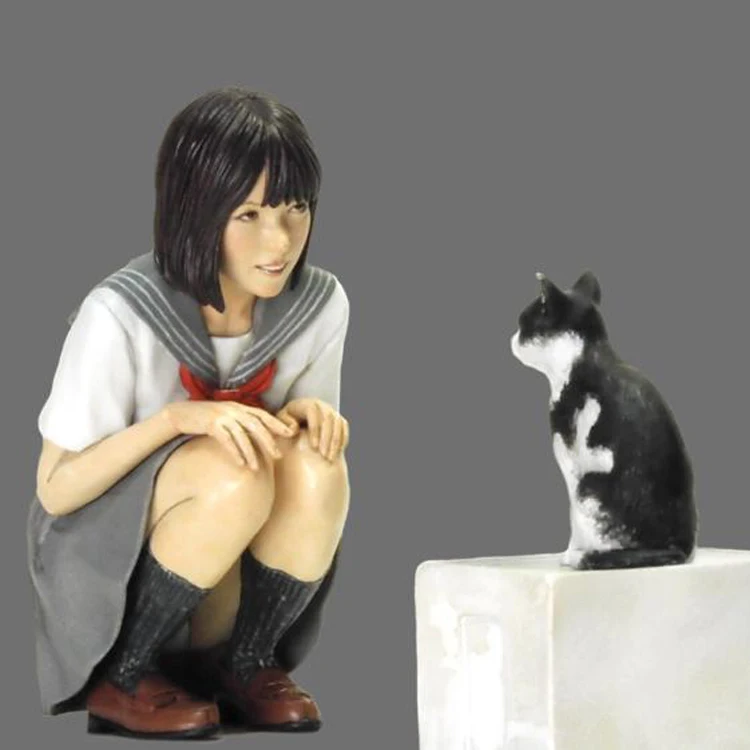 樹脂製の日本の女の子と猫の姿,塗装されていないガレージキット