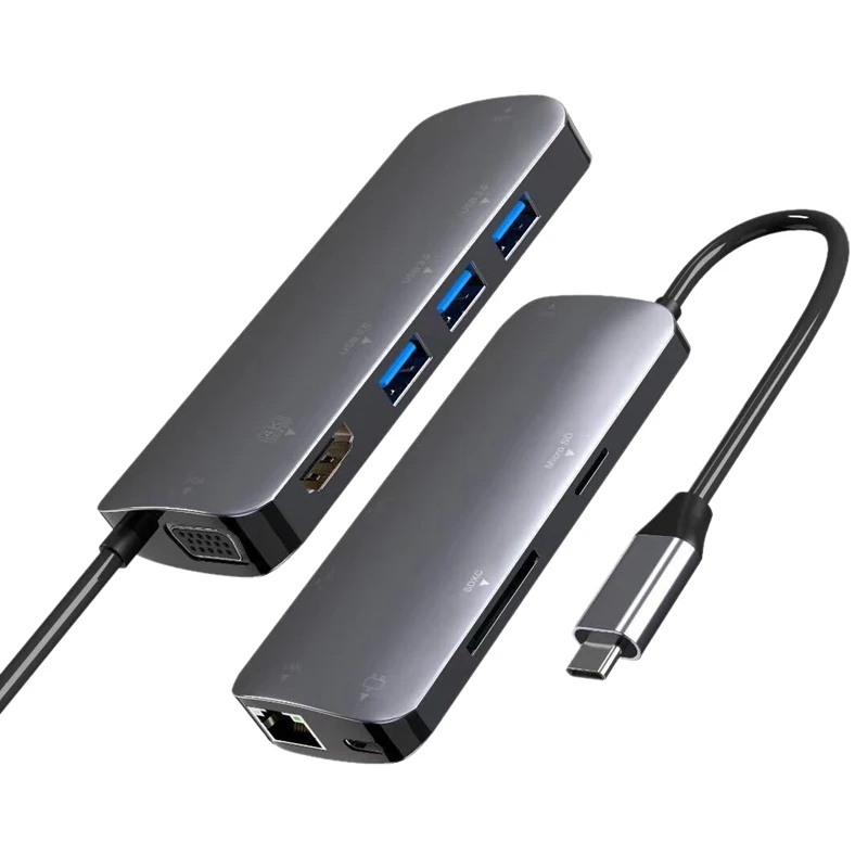 USB C концентратор, 9 в 1 Тип C адаптер с 4K HDMI, 60 Гц, VGA, 1 Гбит/с RJ45 Ethernet, с 3 портами(стандарт 3,0 Порты и разъёмы, светодиодный дисплей, SD/TF Card Reader устройство чтения карт, 60 Вт зарядка PD Po