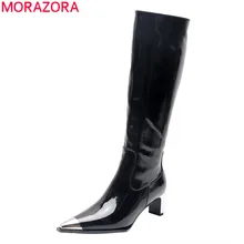 MORAZORA/ г., модные женские сапоги из натуральной кожи пикантные сапоги до колена на Высоком толстом каблуке с острым носком черного цвета