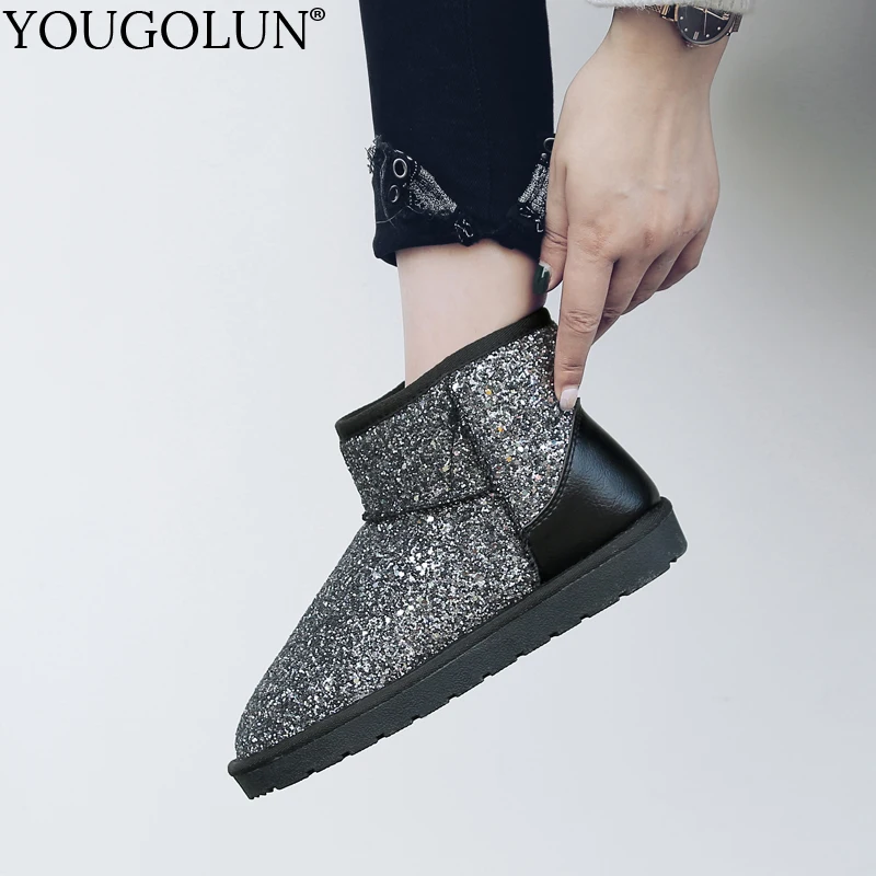 

Sequined Cloth Snow Boots Women Flat Winter Shoes A369 Woman Ankle Boots Fashion Bling Sewing Ladies Black Pink Snow Warm Boots