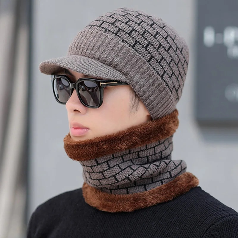 Men Knit Cap with Neck Gaiter Knit Visor Beanie Fleece Lined Thickened Cap Set ASD88