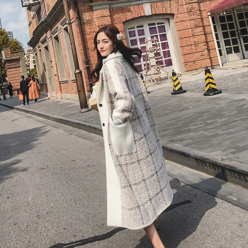 Women 2020 Autumn Winter Plaid Faux Mink Fur Coat