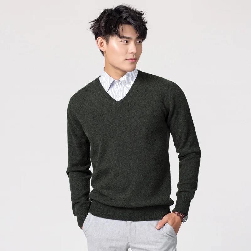 

2018 New Style V-neck Men's Cashmere Sweater Autumn And Winter Base Shirt Solid Color Men Cashmere Sweater