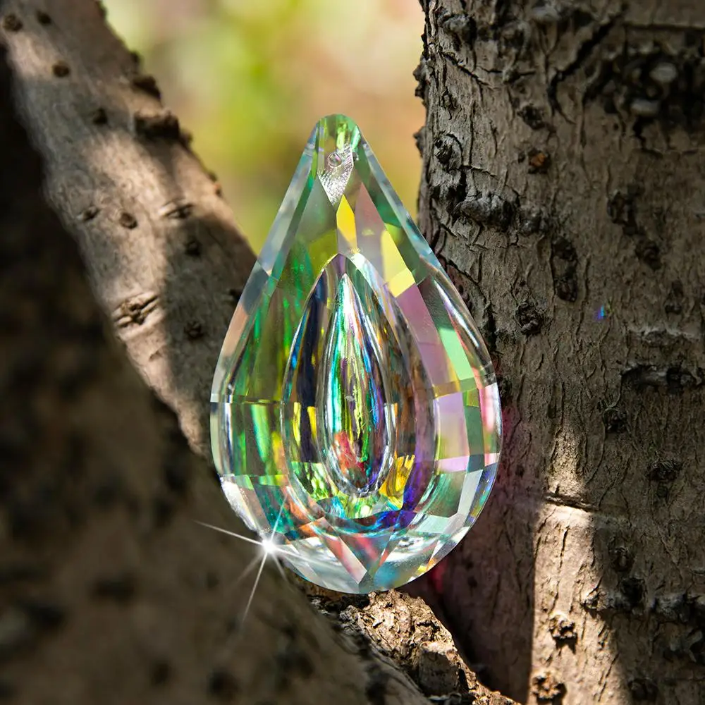 H&D Colorful Lamp Prisms Parts Loquat Shape Chandelier Glass Crystal Hanging Drops Pendants 76mm Christmas Decoration Suncatcher