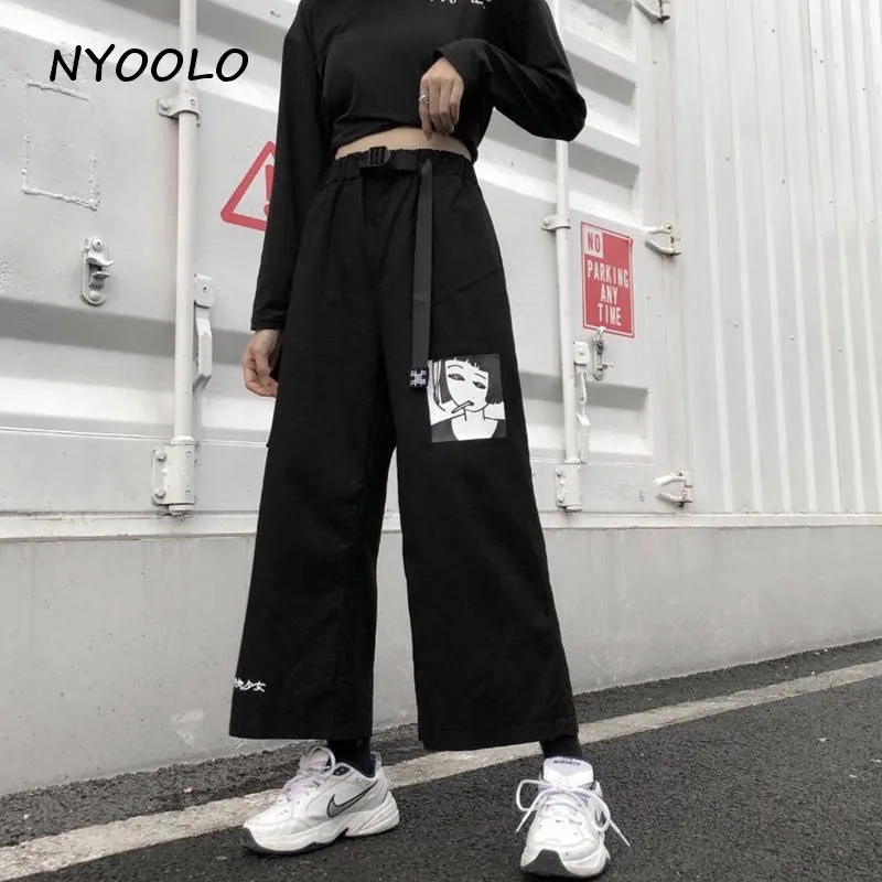 NYOOLO Harajuku Vitality/штаны с высокой талией и принтом для девочек, осенняя уличная свободная эластичная резинка на талии, длина по щиколотку, широкие брюки для женщин