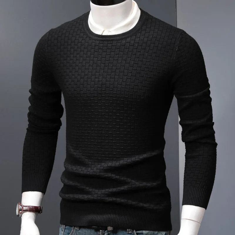 

Plaid Sweater Fashion Men Pullover Winter Clothes Black Oversized Slim Fit Long Sleeve O-Neck Jersey