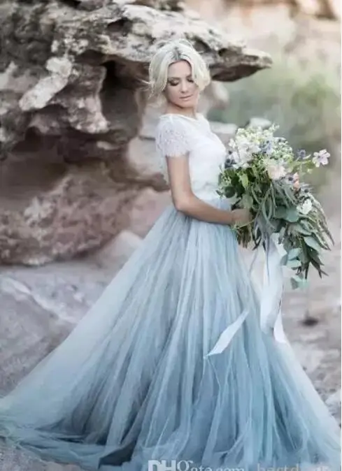 

2018 Fairy Beach Boho Lace Soft Tulle short Sleeves Light Blue Skirts Bohemian Wedding Bridal Gown
