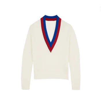 

Women Sweater 2020 Spring and Summer V-neck Contrast Color Sweater Women's Slim Pullover Top Spring
