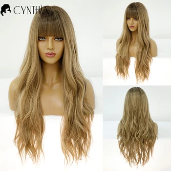 

Long Wavy Daily Wigs With Bangs Natural Ombre Blonde Heat Resistant Gold Colorful Fiber Cosplay Synthetic Wigs For Women
