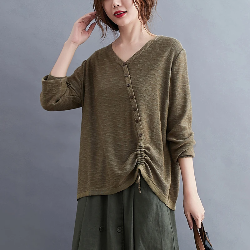 DIMANAF 2020 Plus Size Women T-Shirt Casual Knitting V-Neck Pullover Buttons Spliced Cotton Autumn Tee Shirt New Big Size Tops