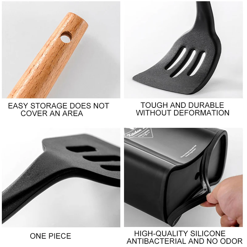 Silicone Cooking Utensils Set Non-Stick Spatula Shovel Wooden Handle Cooking Tools Set With Storage Box Kitchen Tool Accessories