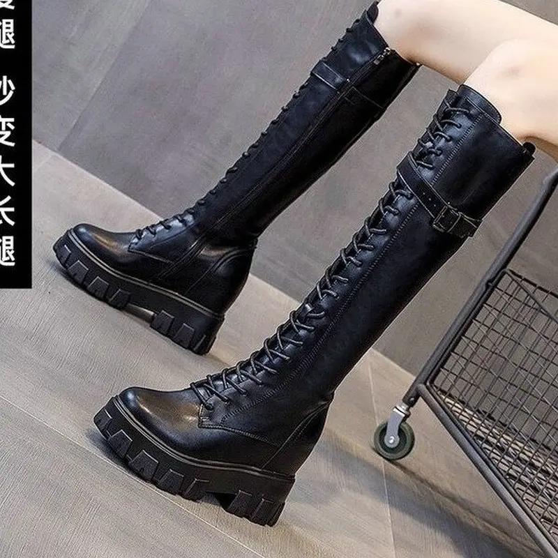 

Female calf-mid buckle high Platform Boots Women Vintage leather Low Heel Zipper knee Boot Round Toe Motorcyle Shoes A62-16 DPC