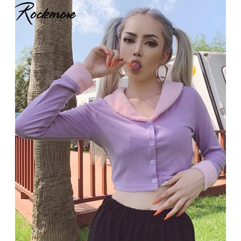 

Rockmore Bodycon Women Coats With Button Femme Long Sleeve Kawaii Purple Patchwork Streetwear Open Stitch Cropped Outwear Autumn
