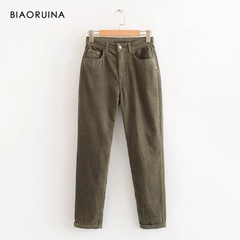 

BIAORUINA Women's Army Green Corduroy Pant Female High Waist Casual Trousers Streetwear All-match Fashion Bottoms