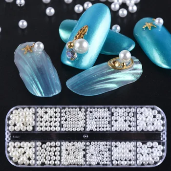 

12 Grid 3d Nail Rhinestone Various Size Pearls Charming Nail Art Decoration White Circle Beads Studs Manicure Jewelry Gems CH785