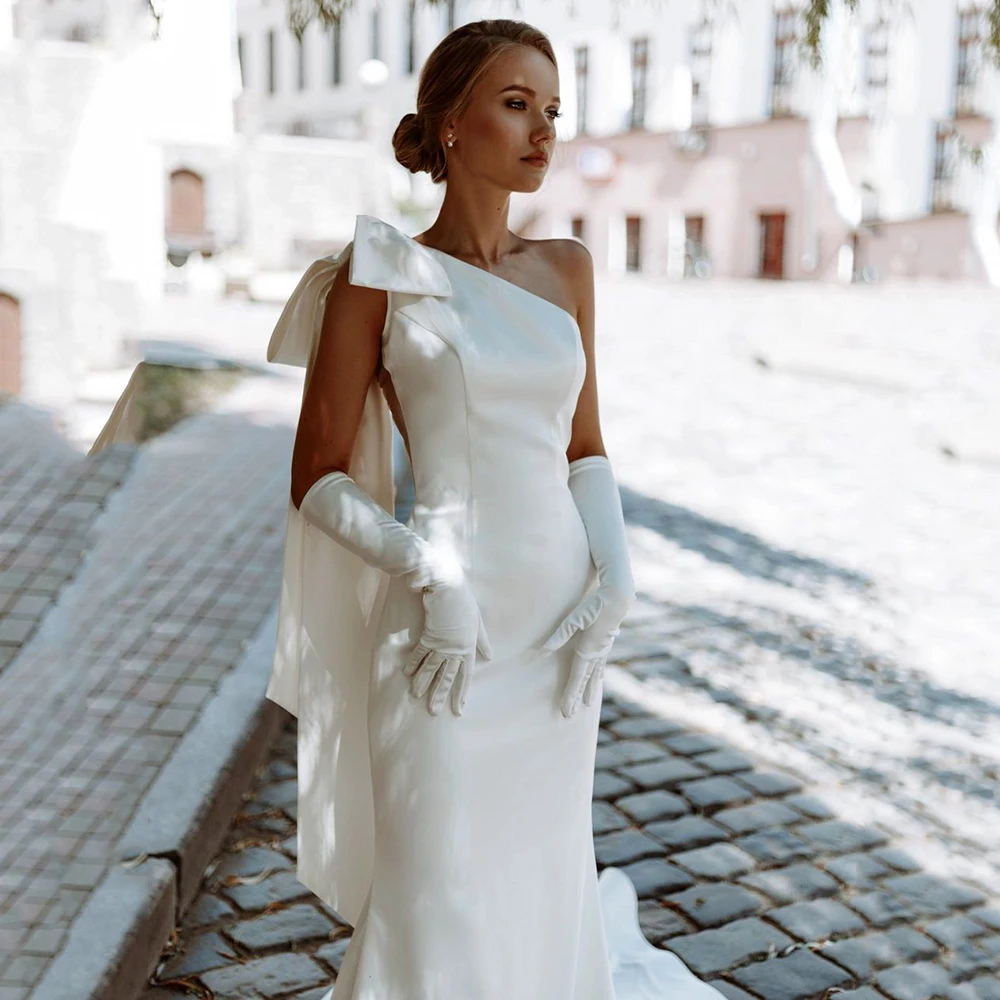 Uzn Boho Mermaid Wedding Dress One Shoulder Bowknot Satin Bridal Gowns  Dubai Elegant Simple Backless Brides Dress Custom Made - Wedding Dresses -  AliExpress