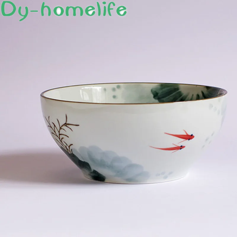 

6.75inch Japanese Creative Goldfish Playing Round Ceramic Bowl Restaurant Kitchen Household Bone China Large Noodle Bowl