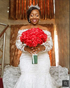

2020 Gorgeous Off The Shoulder Long Sleeve Wedding Dress Lace appliques Plus Size South Africa Style Wedding Dress Bridal gown