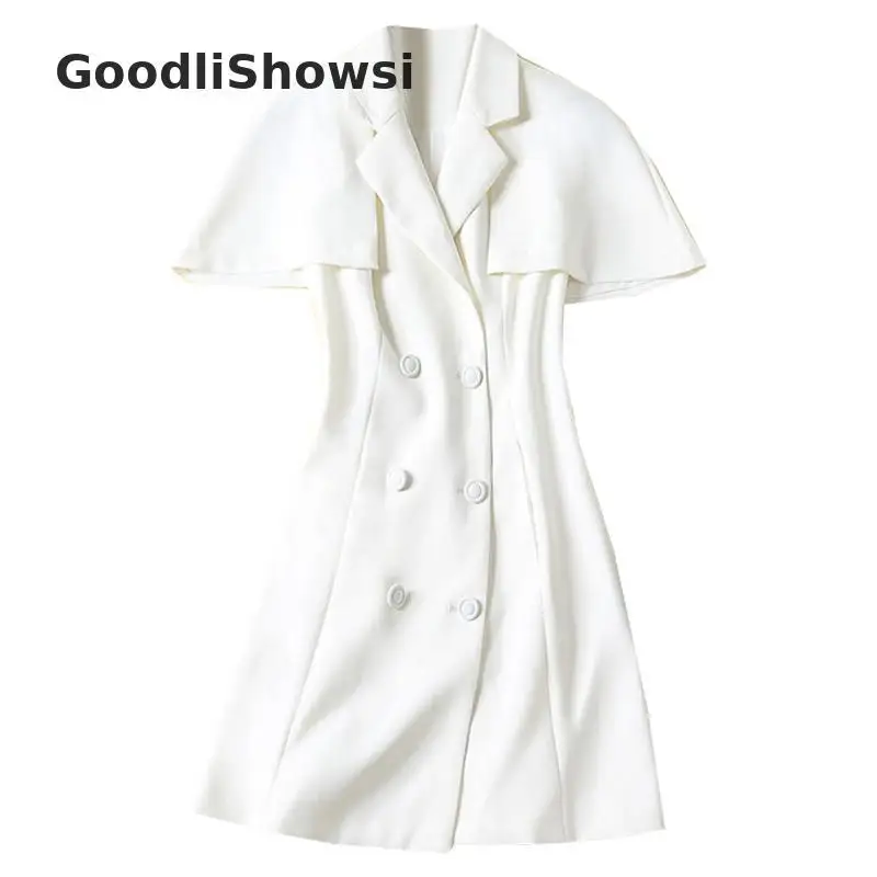GoodliShowsi, весна, новинка, простой Женский блейзер, платье, сплошной цвет, зубчатый плащ с отворотами, рукав, белый, двубортный, платья - Цвет: Белый