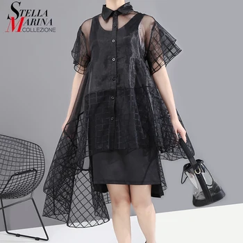 

New 2020 Women Two Piece Set Summer Black Transparent Mini Organza Shirt Dress & Vest Inside Lady Unique Casual Dress Robe 6101