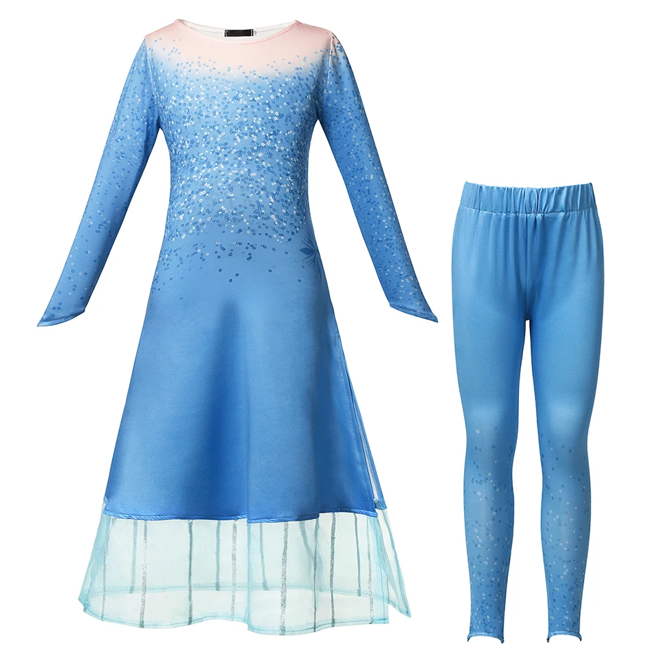 Princess New Elsa Dress Set Cosplay Costume for Girl Blue + trousers Kids Party Halloween Clothing Snow Queen Fancy | Детская одежда и