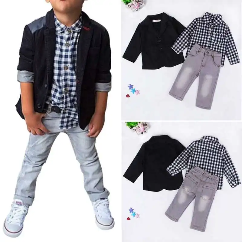 

3pcs/set Baby Boys Dress Suits Clothes For Gentleman Boys Children Shirts Pants Kids Suit Jacket + Plaid Shirt + Jeans Summer