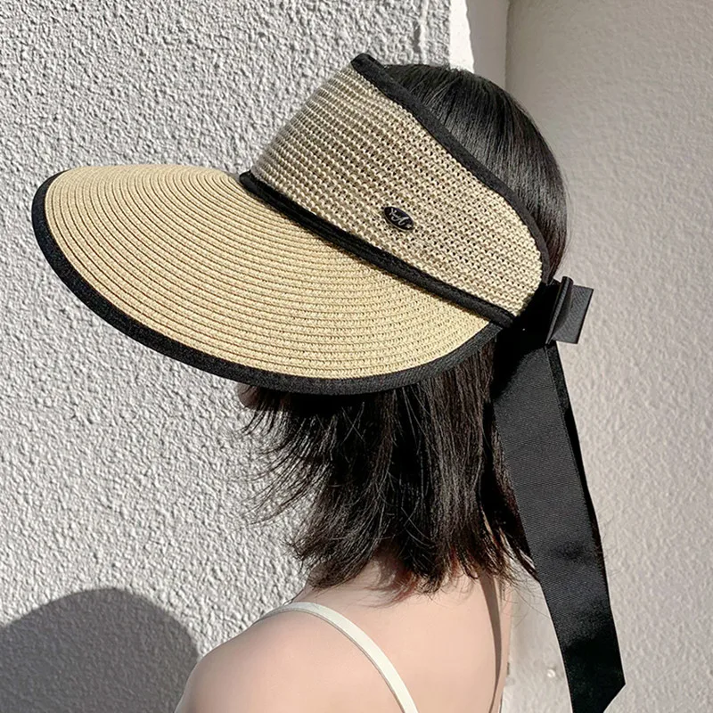 Summer Adjustable Ribbon Empty Top Straw Hats For Women Foldable Wide Large Brim Beach Hat Chapeau Femmeuv Protection Cap