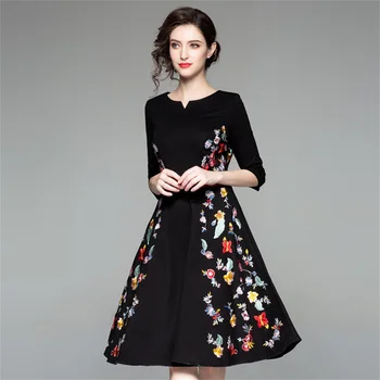 

retro new embroidery floral slimming waist slimming and big swing A-line dress Spring and summer womens clothing