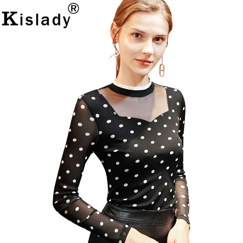 Kislady Женские винтажные сетчатые Топы в горошек, Сексуальные вечерние лоскутные футболки Harajuku OL, темпераментная уличная одежда