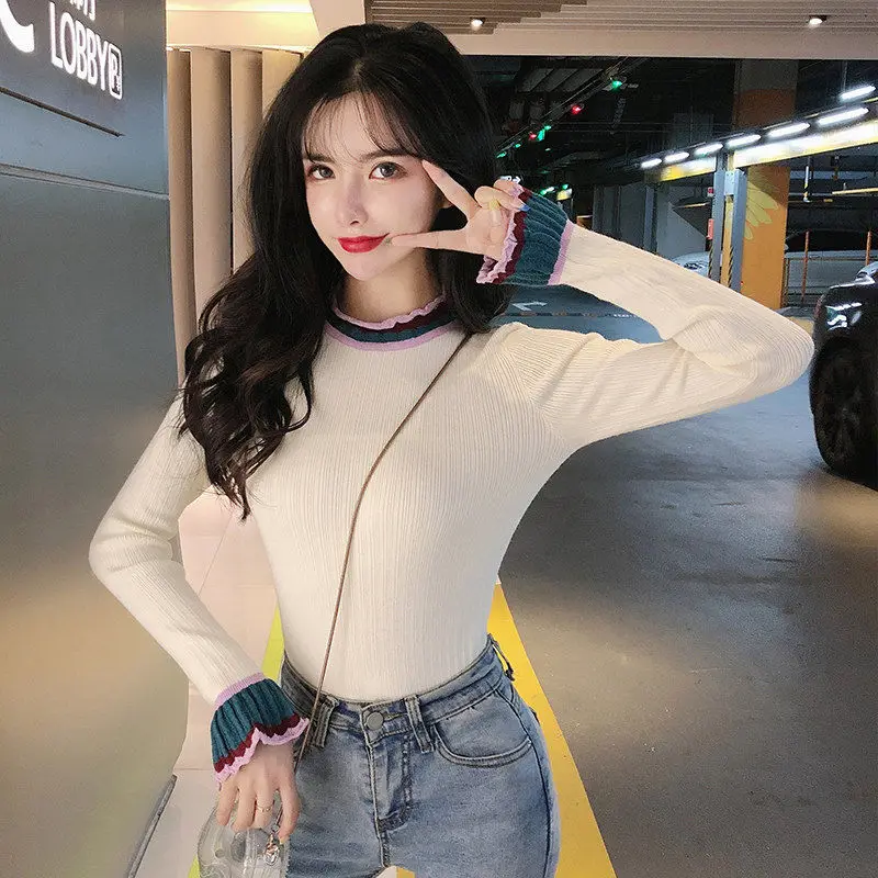 

Women's Spring Summer Style Blouse Shirt Women's Ruffles Patchwork Solid Color knitted Turtleneck Casual Korean Tops DD8471