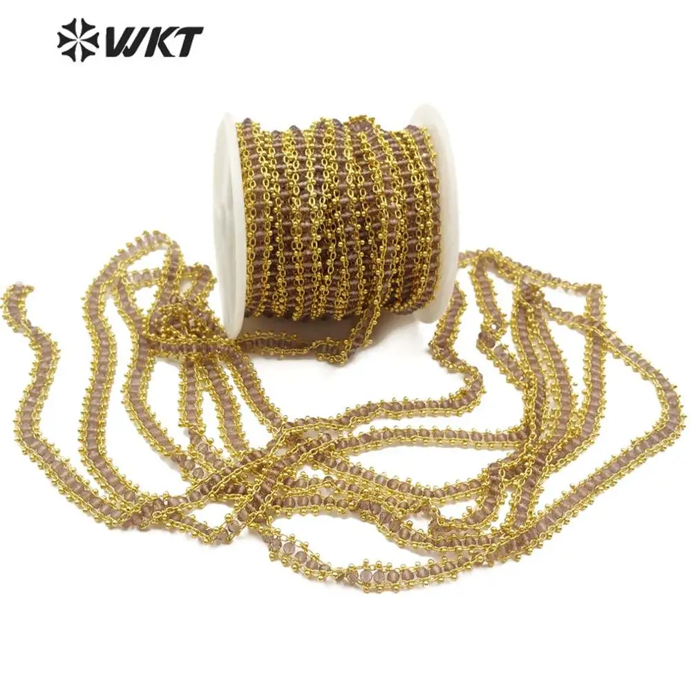 WT-RBC121 Natural Stone Chain Brown Stone Beads With Gold Electroplated Chain 3MM Beads Rosary Chain 10 meters For Jewel Making