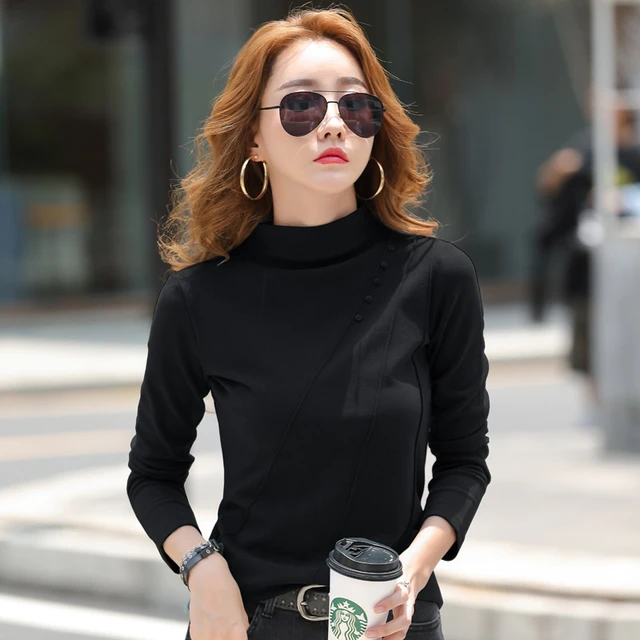 0333 Autumn Winter Half High Collar Long Sleeve T Shirt Women