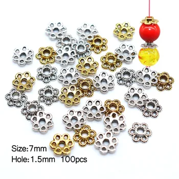 

100pcs/lot 7mm Metal Vintage Silver Color Beads Caps Charms Alloy Bead Cap for Jewelry Making Beads Cap Flower Petal