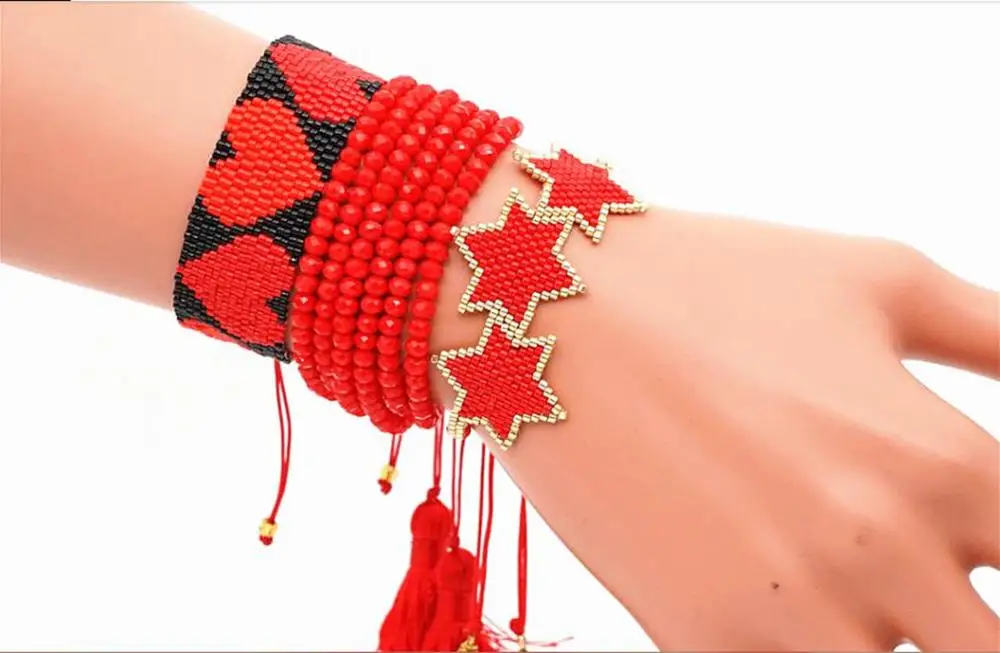 

SANDEI Heart charm RED BLACK heart Bracelet Fashion Jewelry Crystal STAR Beaded Bracelets 2019 Women