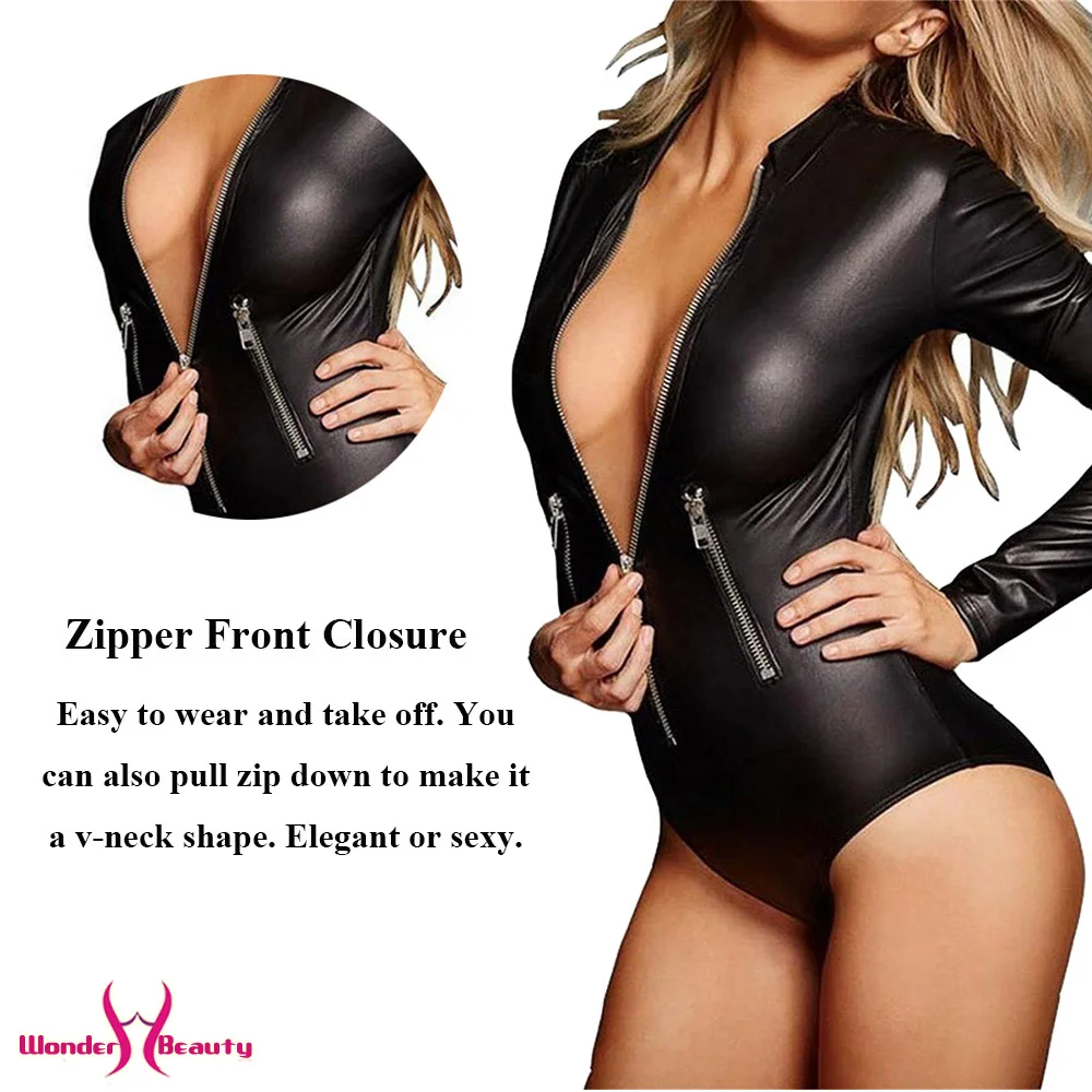 Wetlook Bodysuit Women Latex Catsuit Faux Leather Front Zipper Bodysuit Top Fetish Costumes Erotic Long SleeveBodycon Body Suit