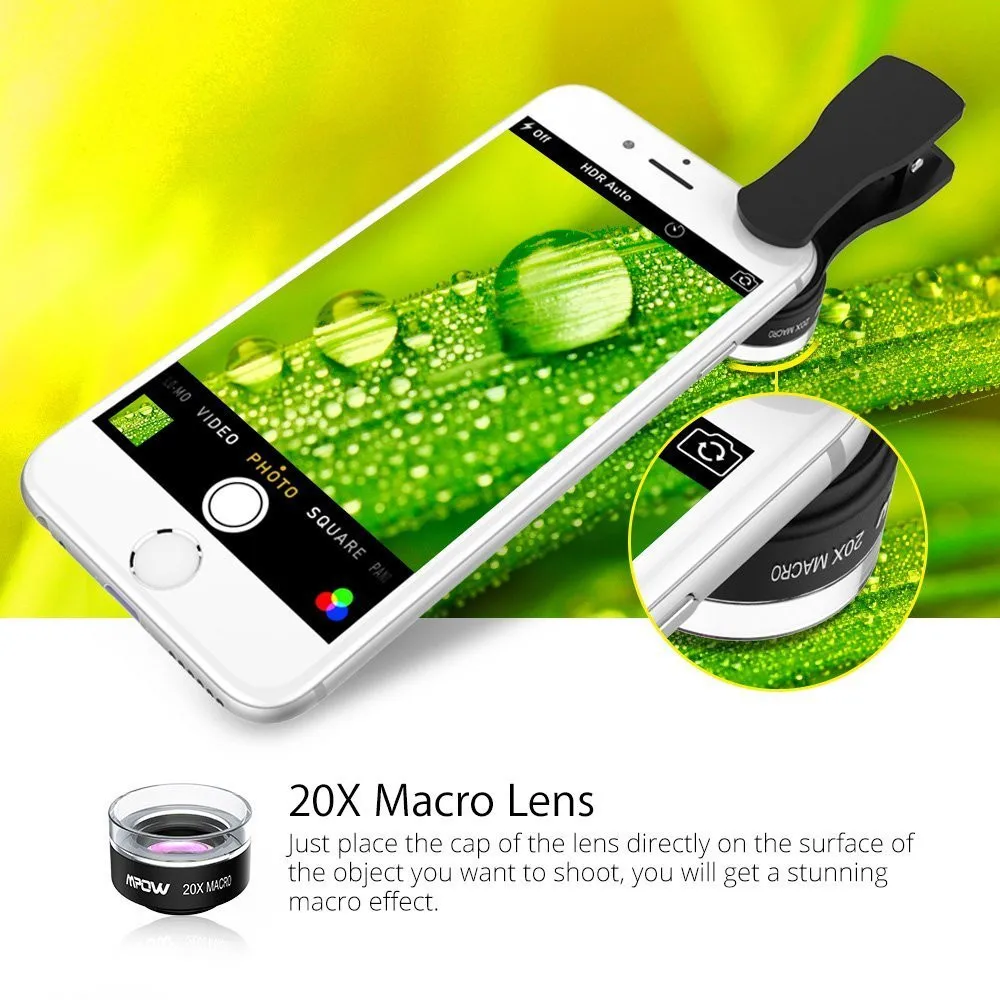 Original Mpow MFE4 Clip-On Phone Camera Lens Kits 180 Degree Fisheye Lens + 0.36X Wide Angle + 20X Macro Lens for Cellphones (1)