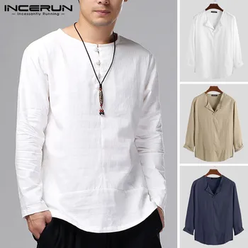 

INCERUN Solid Color Men Shirt Cotton Long Sleeve Vintage Kung Fu Chinese Style Button Men Casual Shirts Camisa Streetwear 2020