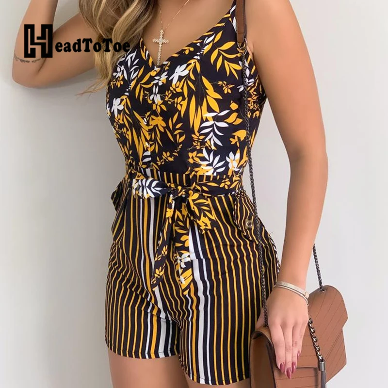 Floral Print Lace Up Front Spaghetti Strap Rompers Women Playsuit Casual Summer One Piece Overalls | Женская одежда