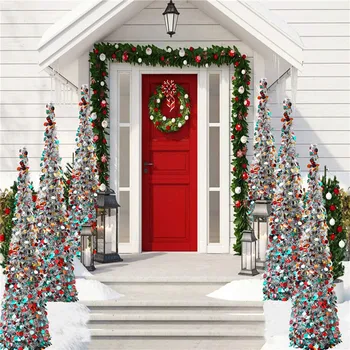 

5FT Pop Up Colorful Christmas Tinsel Trees Plump Shiny Sequins Collapsible Xmas Tree Reusable Fireplace Office Classroom Favors