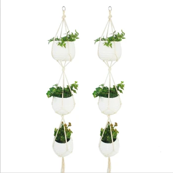 

Plant Hangers Handmade Cotton Rope, Three-Tier Simple Flower Pot Stand, Garden Balcony Decoration, Green Hanging Basket Net