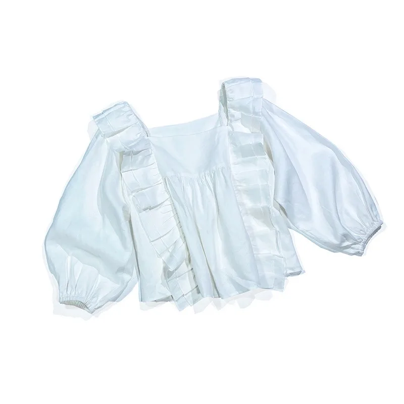 

Korean Clothes Women 2020 Fall Newest Designer Fashion Ruffles Lantern Sleeve Sweet Linen Solid White Loose Blouses and Tops