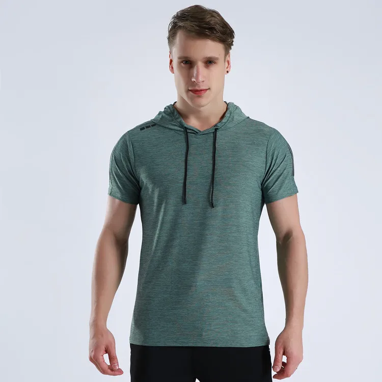 Men Running Hoodie Shirts Fitness Sweatshirt Quick-dry Jersey Gyms Clothing Short Sleeve Training Top Male Sports T Shirt