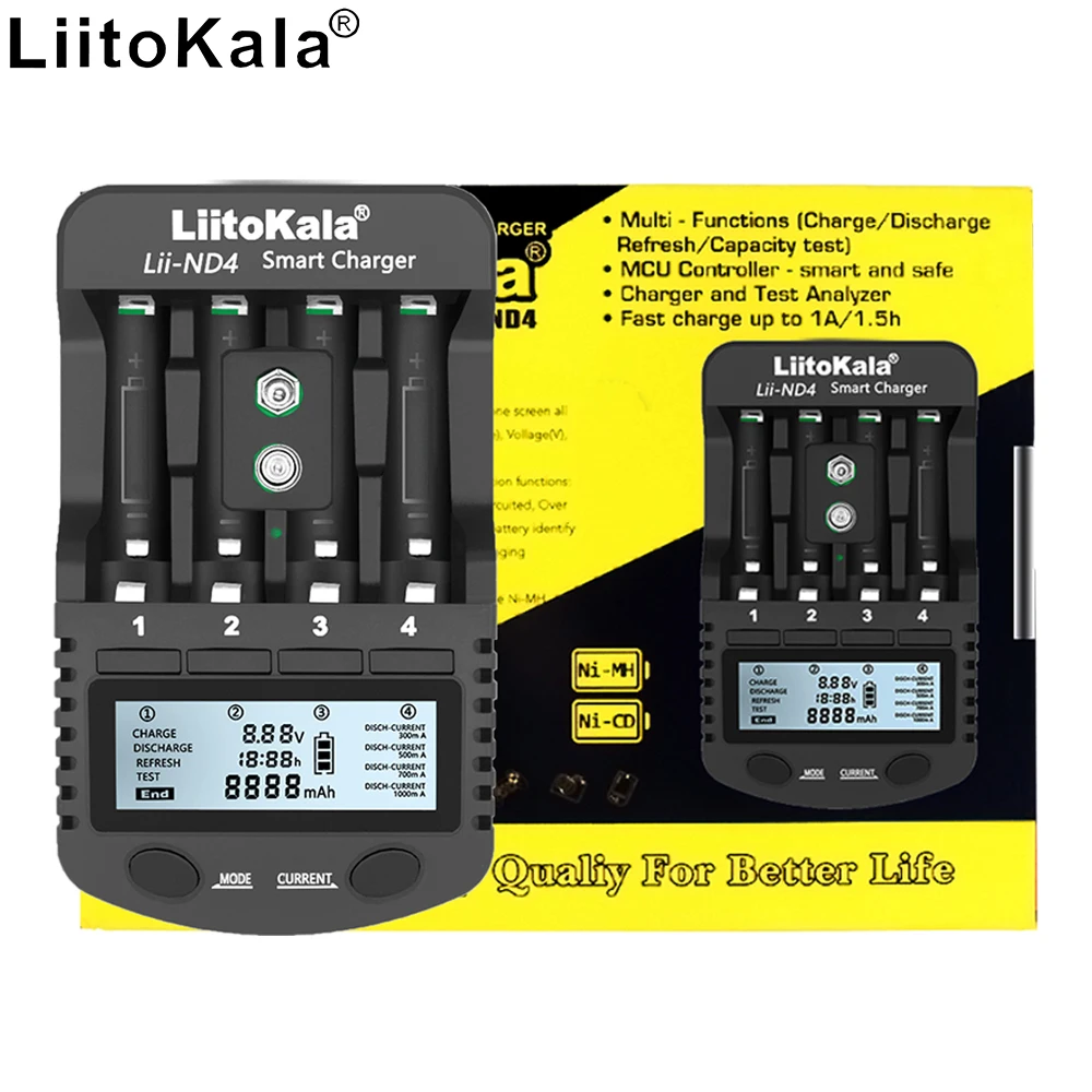 

Liitokala new lii-ND4 AA AAA NiMH cadmium 9V battery charger Capacity detection Activate 5V output Trickle charge